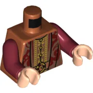 Torso Robes, Dark Red and Dark Tan Pattern, Open over Undershirt with Intricate Gold Design, and Gold Belt Print, Dark Red Arms, Light Nougat Hands