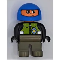 Duplo Figure, Early, Helmet Blue, Dark Gray Legs, Lime Vest and Police Badge Print
