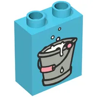 Duplo Brick 1 x 2 x 2, with Gray Bucket with Pink Handle, Full of Water Print