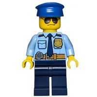 Policeman, Bright Light Blue Shirt with Dark Blue Tie, Badge, and Radio on Belt, Dark Blue Legs, Blue Hat, Sunglasses