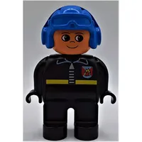 Duplo Figure, Early, Aviator Hat Blue, Black Legs, Fire Jacket with Zipper Print