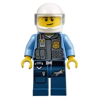 Policeman in Vest with Gold Badge, Radio, and Pockets. White Helmet with Trans-Clear Visor