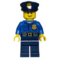 Policeman, Blue Shirt with Badge and Pouches, Dark Blue Legs, Dark Blue Police Hat with Badge, Open Mouth