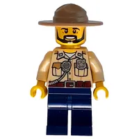 Swamp Police / Ranger, Tan Shirt with Badge and Radio, Dark Blue Legs, Dark Tan Campaign Hat, Beard
