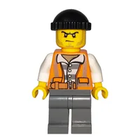 Criminal, Open Orange Safety Vest Over Prison Shirt, Black Hat, Stubble