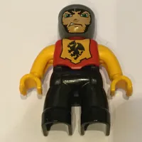 Duplo Figure with Rounded Head with Black Legs, Red Chest, Bright Light Orange Arms and Hands, Smirk