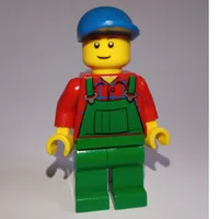 Man, Green Overalls over Red Shirt, Blue Cap