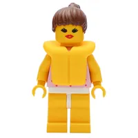 Woman, Pink Top with Spots, Yellow Legs, Brown Hair, Yellow Life Vest