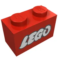 Brick 1 x 2 with LEGO Logo Open O White with Black Outline Print