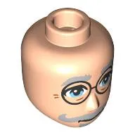 Minidoll Head Male, Light Bluish Grey Thick Eyebrows, Moustache, Goatee, Bright Light Blue Eyes, Black Glasses