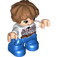 Duplo Figure Child with Short Wavy Hair Medium Nougat, Blue Legs, White Checkered Shirt, Belt, Boy