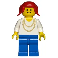 Woman, White Top with Yellow Necklace, Blue Legs, Red Hair