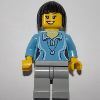 Woman, Medium Blue Polo Shirt with Necklace, Light Bluish Gray Legs, Black Hair