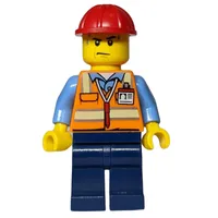 Man, Orange Safety Vest, Dark Blue Legs, Red Hard Hat, Sweat Drops