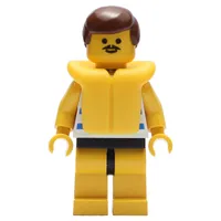 Man, Blue and White Striped Swimsuit, Brown Hair, Yellow Life Vest, Moustache