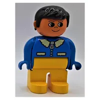 Duplo Figure, Early, with Short Parted Hair Black, Yellow Legs, Jacket with Zipper and Fur Collar Print