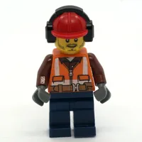 Construction Worker, Orange Safety Vest with Zipper and Pockets, Red Hard Hat with Ear Defenders, Stubble