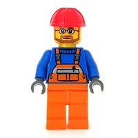 Construction Worker, Orange Overalls, Red Hard Hat, Beard and Glasses