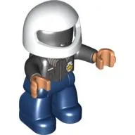 Duplo Figure with Helmet White, with Dark Blue Legs, Black Top with Police Badge, Black Arms, Nougat Hands