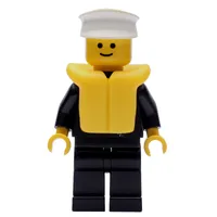 Policeman, Black Jacket with Zipper and Badge, White Hat, Yellow Life Vest