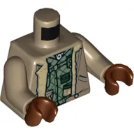 Torso Jacket, Tan Fur Collar, Open over Sand Green Utility Vest Print, Dark Tan Arms, Reddish Brown Hands