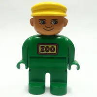 Duplo Figure, Early, with Flat Cap Yellow, Green Legs, 'ZOO' Print (Zoo Keeper)