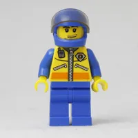 Coast Guard, Yellow Jacket with Zipper, Radio and Badge, Blue Helmet with Visor, Stubble