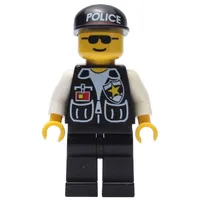 Policeman, Black Vest with Badge and Pockets, Black Cap with 'POLICE', Sunglasses