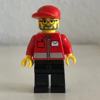 Postal Worker, Red Jacket with Zipper and Letter Logo, Black Legs, Red Cap, Beard and Glasses