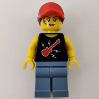 Woman, Black Top with Guitar, Sand Blue Legs, Red Cap with Hair