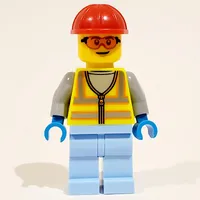Man, Vibrant Yellow Safety Vest, Bright Light Blue Legs, Red Hard Hat