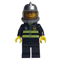 Fireman, Black Fire Jacket with Reflective Stripes, Radio, and Badge, Silver Helmet, Breathing Apparatus, Airtanks, Beard and Glasses