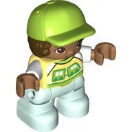 Duplo Figure Child with Hair and Cap Lime, Light Aqua Legs, Bright Light Yellow Shirt Print