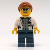 Marine Scientist, Woman, Open White Lab Coat, Sand Blue Legs, Medium Nougat Hair, Glasses