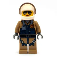 Policewoman, Dark Blue Vest over Dark Tan Jacket with Zipper and Badge, White Helmet with Visor, Sunglasses