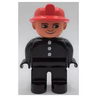 Duplo Figure, Early, Fire Helmet Red, Black Legs, White Buttons Print