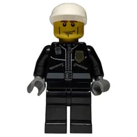Policeman, Black Jacket with Zipper, Radio, and Badge, White Cap