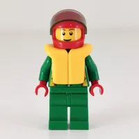 Racer, Green Jacket with Zipper and Octan Logo, Red Helmet with Visor, Yellow Life Vest