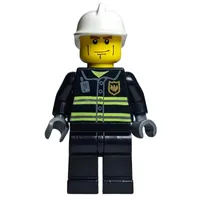 Fireman, Black Fire Jacket with Reflective Stripes, Radio, and Badge, Dark Bluish Gray Hands, White Helmet, Cheek Lines