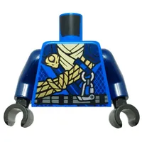 Torso, Ninja Robes, Dark Blue Trim, Silver Belt, Olive Green Rope, Yellowish Green Sash print, Dark Blue Arms, Black Hands
