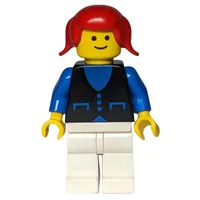 Woman, Black Vest over Blue Top, White Legs, Red Hair