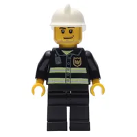 Fireman with Reflective Stripes and Radio, White Fire Helmet, and Beard Stubble