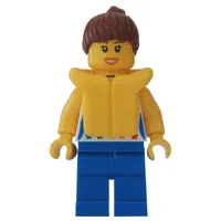 Woman, White Vest with Stars, Blue Legs, Reddish Brown Hair, Yellow Life Vest