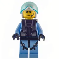 Policeman, Black Vest with Badge and Pouches over Bright Light Blue Shirt, White Helmet with Visor, Neck Bracket, Headset