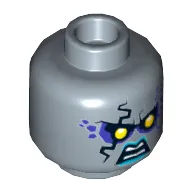 Minifig Head Ruina, Dual Sided, Yellow Eyes, Dark Purple Rock Effect, Blue Lips, Teeth, Angry / Evil Grin Print [Hollow Stud]