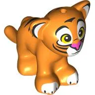 Animal, Big Cat Cub with Black Stripes, White Ears, Paws, Face, Bright Light Yellow Eyes, Dark Pink Nose print