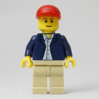 Man, Open Dark Blue Jacket, Tan Legs, Red Cap