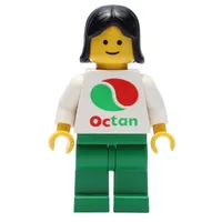 Woman, White Top with Large Octan Logo, Green Legs, Black Hair
