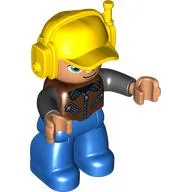 Duplo Figure with Headset and Cap Yellow, with Blue Legs, Brown Vest with Zippers over Black Shirt, Blue Oval Eyes