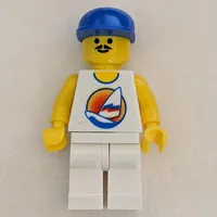 Man, White Tank Top with Windsurfer, White Legs, Blue Cap, Moustache